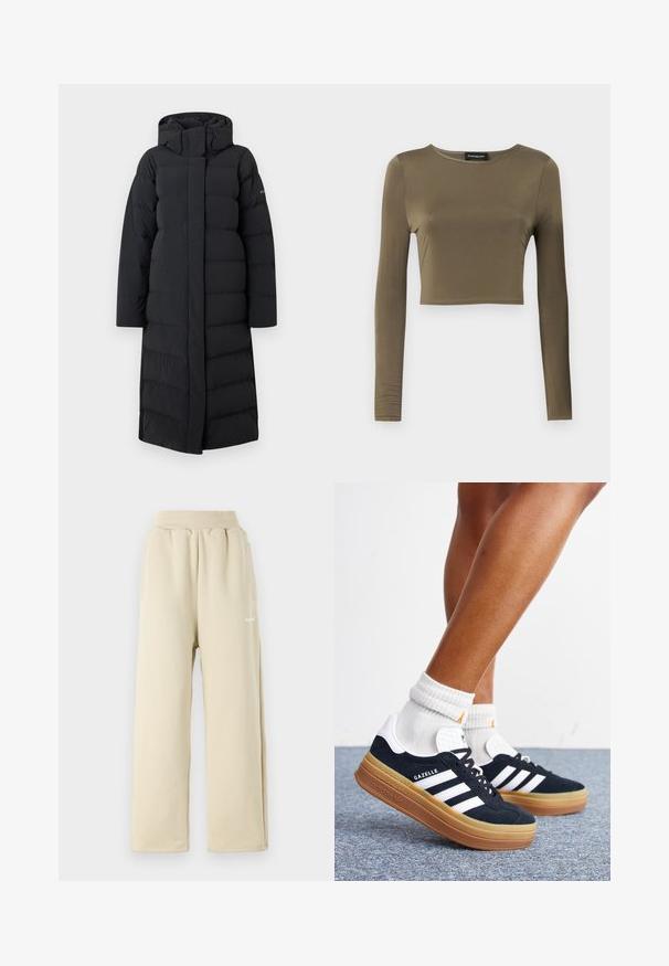 Sort lang pufferjakke med hætte, med en quiltet design, fuld lynlås foran og sidesømme. Lavet af et glat, vandafvisende materiale.; Oliven grøn, langærmet cropped top i et glat, strækbart stof; har en rund halsudskæring og en skræddersyet pasform med færdige kanter.; Beige brede sweatpants lavet af blødt stof, med elastisk talje, sidelommer og lille broderet logo detaljer.; Ben iført hvide sokker og sorte Adidas Gazelle sneakers med hvide striber og tykke brune såler på et gråt tæppe.