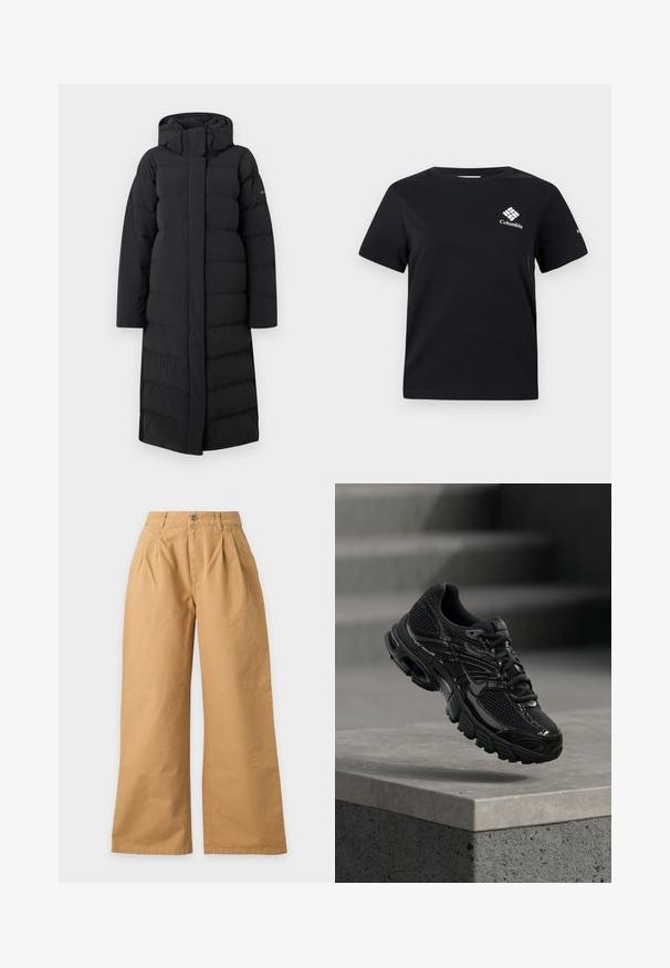 Sort lang pufferjakke med hætte, med en quiltet design, fuld lynlås foran og sidesømme. Lavet af et glat, vandafvisende materiale.; Sort kortærmet Columbia T-shirt med hvidt logo på venstre bryst og lille logo på højre ærme, rund halsudskæring, ensfarvet forside.; Højttaljede bukser med vide ben i beige med knap foran, lynlås, bæltestropper og sidelommer vist på en ensfarvet baggrund.; Sort Nike løbesko med mesh og syntetisk overdel, der svæver over en betonoverflade og trin i baggrunden.