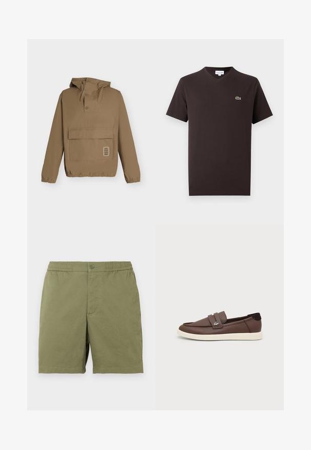 Veste à capuche marron avec boutons sur le col avant, grande poche à rabat, poignets et ourlet élastiques, présentée sur un fond clair.; T-shirt marron foncé à manches courtes avec col en V et un petit logo de crocodile vert sur le côté gauche de la poitrine.; Shorts vert olive en tissu léger, dotés d'une taille élastique avec bouton de fermeture et d'une texture simple et lisse.; Mocassin en cuir marron avec semelle en caoutchouc blanche, design slip-on et petit logo crocodile métallique sur la lanière latérale.