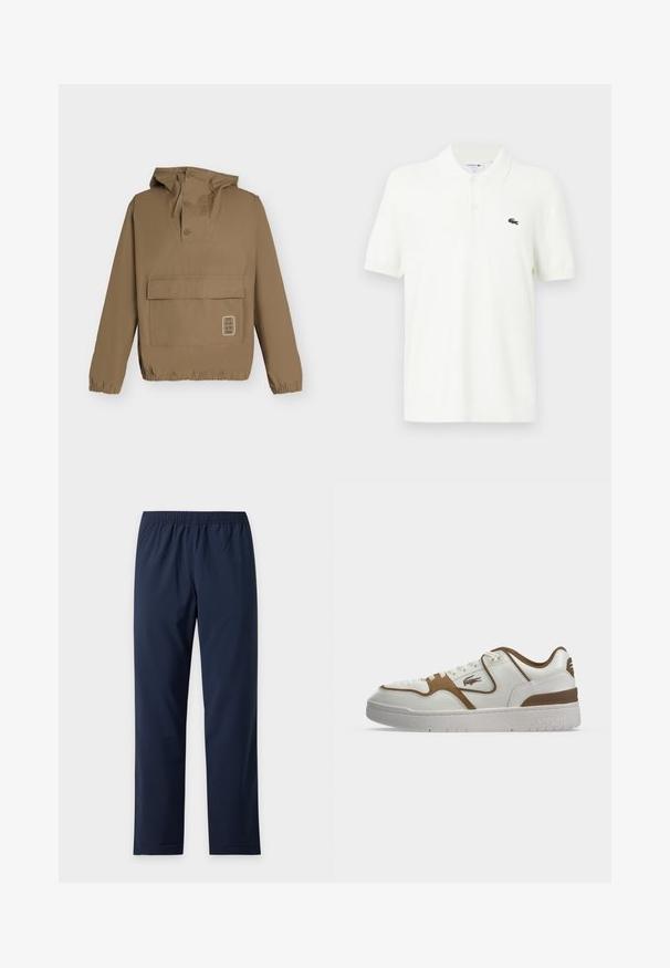Veste à capuche marron avec boutons sur le col avant, grande poche à rabat, poignets et ourlet élastiques, présentée sur un fond clair.; Polo-shirt blanc en coton lisse avec un col classique, patte de boutonnage à trois boutons et un petit logo crocodile vert sur la poitrine.; Pantalon bleu marine à taille élastique et jambes droites, en tissu lisse, présenté à plat sur un fond clair uni.; Baskets basses blanches et marron avec lacets à l'avant, logo crocodile Lacoste sur le côté et semelle blanche épaisse avec le nom de la marque embossé.