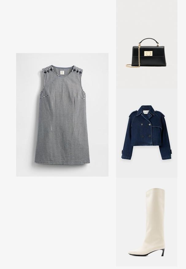CLOSED CROPPED TRENCH - Veste en jean - dark blue; Robe sans manches à carreaux vichy bleu marine et blanc avec un col rond et des détails de boutons sur les deux épaules, posée à plat sur un fond blanc.; Botte blanche hauteur genou en matériau lisse avec un bout pointu et un talon noir fin. Présente un design épuré et un marquage minimal.; Sac à main en cuir noir à la forme structurée, doté d'une poignée supérieure et d'une bandoulière chaîne ton or. Ornements dorés décoratifs avec détail de logo.