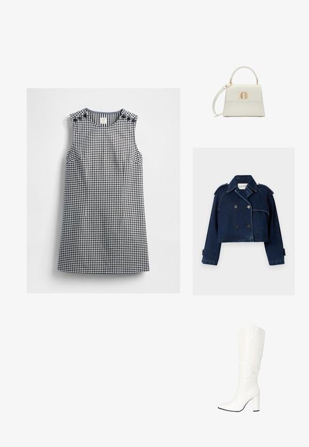 CLOSED CROPPED TRENCH - Cowboyjakker - dark blue; Ærmeløs navy og hvid gingham kjole med rund halsudskæring og knapdetaljer på begge skuldre, lagt fladt på en hvid baggrund.; Salinyang Høje støvler/ Støvler - weiss; Lille hvid håndtaske med topgreb, aftagelig skulderrem og guld rektangulært spænde på frontklap.