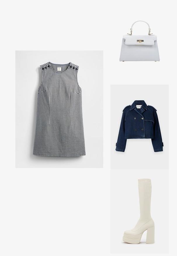 CLOSED CROPPED TRENCH - Spijkerjas - dark blue; Mouwloze marineblauwe en witte gingham jurk met ronde halslijn en knoopdetails op beide schouders, plat gelegd op een witte achtergrond.; Steve Madden CYPRESS - Plateaulaarzen - off white; ESTRO Handtas - white