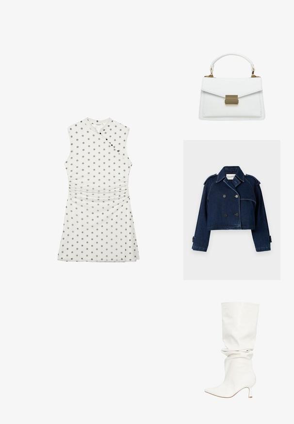 CLOSED CROPPED TRENCH - Jeansjacke - dark blue; Weißes ärmelloses Kleid mit grauen Polka-Punkten, überkreuztem Vorderteil mit schwarzen Knöpfen und gerafften Taillendetails.; Weißer lockerer Lederstiefel bis zur Mitte der Wade mit spitz zulaufender Spitze und niedrigem, geschwungenem Absatz, dargestellt vor einem schlichten weißen Hintergrund.; Weiße Lederhandtasche mit strukturierter Form, ausgestattet mit einer Umschlagklappe, goldfarbener Metallverschluss und kurzem Griff. Glatte Textur, minimale Nähte.