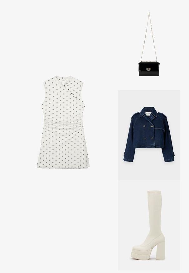 CLOSED CROPPED TRENCH - Veste en jean - dark blue; Robe blanche sans manches à pois gris, devant croisé avec boutons noirs et taille froncée.; Steve Madden CYPRESS - Bottes à plateau - off white; Sac à main en cuir verni noir avec une bandoulière en chaîne dorée, de forme rectangulaire, doté d'une fermeture à rabat à l'avant et d'un accent de logo métallique.