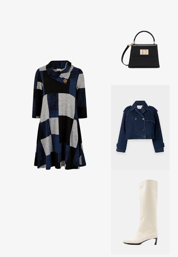 CLOSED CROPPED TRENCH - Cowboyjakker - dark blue; Apricot BLOCK SWING - Jerseykjole - teal; Knæhøj hvid støvle lavet af glat materiale med spids tå og slank sort hæl. Har et enkelt design og minimal branding.; Sort læderhåndtaske med tophåndtag, aftagelig skulderrem og gyldent rektangulært spænde på den forreste klap.