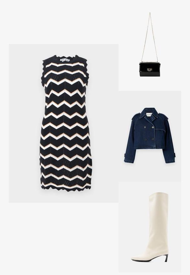 CLOSED CROPPED TRENCH - Veste en jean - dark blue; Robe noire sans manches en tricot avec des rayures en zigzag blanches et beige, bords festonnés, et étiquette DKNY Jeans au niveau du col.; Botte blanche hauteur genou en matériau lisse avec un bout pointu et un talon noir fin. Présente un design épuré et un marquage minimal.; Sac à main en cuir verni noir avec une bandoulière en chaîne dorée, de forme rectangulaire, doté d'une fermeture à rabat à l'avant et d'un accent de logo métallique.