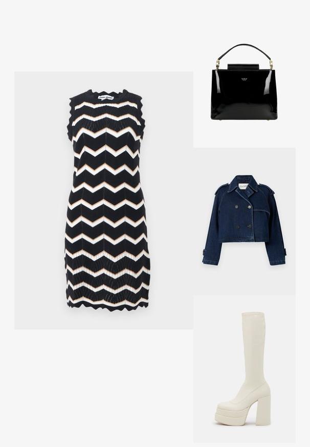 CLOSED CROPPED TRENCH - Teksajakk - dark blue; Varrukateta mustast lõngast kleit valgete ja beežide siksaktriipudega, laineliste servadega ja DKNY Jeans sildiga kaelal.; Steve Madden CYPRESS - Platvormsaapad - off white; Mustast lakist käekott, millel on struktureeritud disain, topelt käepide, kuldsed detailsed aksessuaarid ja väike esine klapp.