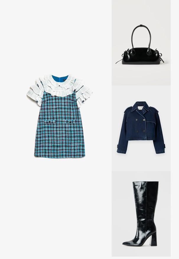 CLOSED CROPPED TRENCH - Denimová bunda - dark blue; Modrá a čierna károvaná šaty s bielym vrstveným volánikovým golierom a rukávmi, s dvomi prednými vreckami na gombíky.; Čierne čižmy po kolená vyrobené z lesklej kože, s špicatou špičkou a robustným geometrickým opätkom s hladkým povrchom.; Malá čierna lesklá kabelka s dvoma dlhými rúčkami a bočnými šnúrkovými detailmi na jednoduchom svetlom pozadí.
