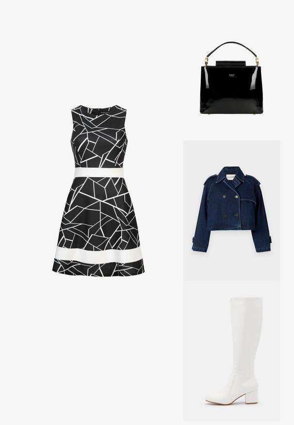 CLOSED CROPPED TRENCH - Denimová bunda - dark blue; Čierne bezrúškové šaty s geometrickým bielym vzorom a kontrastným bielym opaskom v páse. Hladká tkanina a rozšírený strih sukne.; Bílé vysoké kozačky až po kolena s hladkým, lesklým povrchem. Čtvercový blokový podpatek a jemné švy podél strany.; Čierna lakovaná kožená kabelka so štruktúrovaným dizajnom, obsahujúca hornú rukoväť, akcenty zo zlateného kovu a malý predný klapku.