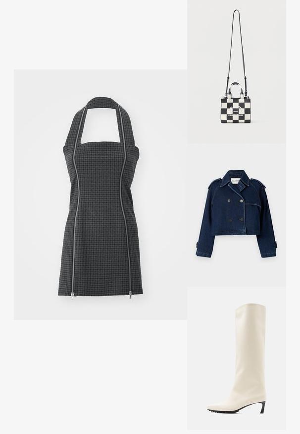 CLOSED CROPPED TRENCH - Cowboyjakker - dark blue; Sort og grå mønstret forklæde med halterneck, firkantet udskæring, lynlåsdetaljer foran og en tætsiddende form. Fremstillet af tekstureret stof.; Knæhøj hvid støvle lavet af glat materiale med spids tå og slank sort hæl. Har et enkelt design og minimal branding.; Sort og hvid ternet lille håndtaske med korte håndtag og lang justerbar skulderrem, med tekst med Paris-adresse.