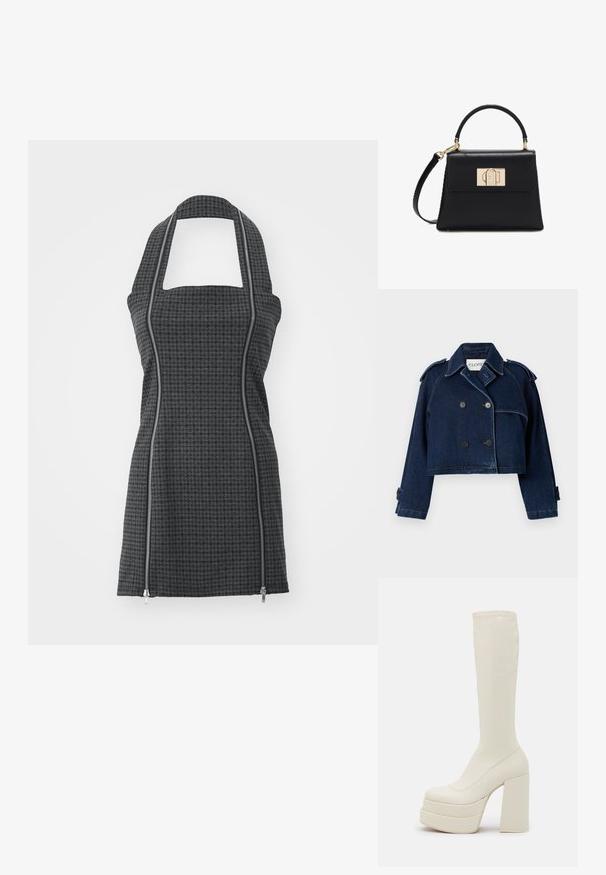 CLOSED CROPPED TRENCH - Denimová bunda - dark blue; Zástera s čierno-sivým vzorom, s halter krkom, štvorcovým výstrihom, prednými zipsami a priliehavým strihom. Vyrobená z textúrovanej látky.; Steve Madden CYPRESS - Čižmy na platforme - off white; Čierna kožená kabelka s horným držadlom, odnímateľným ramenným popruhom a zlatou obdĺžnikovou sponou na prednej klapke.