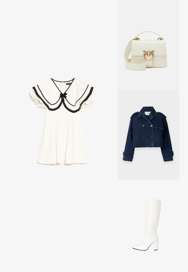 CLOSED CROPPED TRENCH - Jeansjacke - dark blue; Cremefarbenes Kleid mit übergroßem, schwarz eingefasstem Kragen, schwarzen Rüschensäumen, kurzen Puffärmeln und einer kleinen schwarzen Schleife am Ausschnitt.; Salinyang Stiefel - weiss; Weiße Lederhandtasche mit strukturierter Form; verfügt über einen goldfarbenen ovalen Hardwareakzent mit Vogelmotiven und einem abnehmbaren Schultergurt.