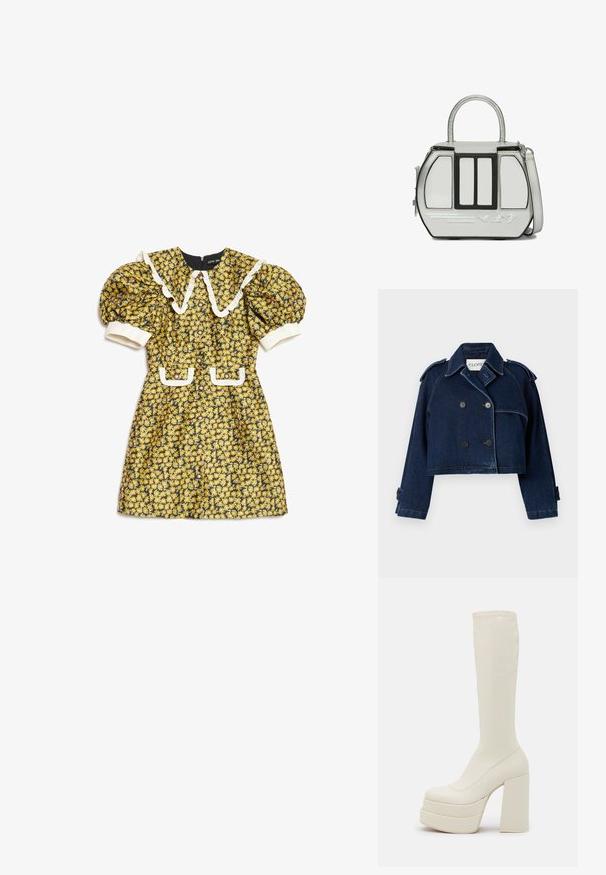 CLOSED CROPPED TRENCH - Cowboyjakker - dark blue; Gul blomsterkjole med puffede ærmer, hvid flæsekrave, hvide manchetter, knapper foran og to forlommer med hvide kanter.; Steve Madden CYPRESS - Plateaustøvler - off white; Lille sølv håndtaske med sort kant, topgreb, aftagelig skulderrem og prægte skiløberikoner på frontpanelet.