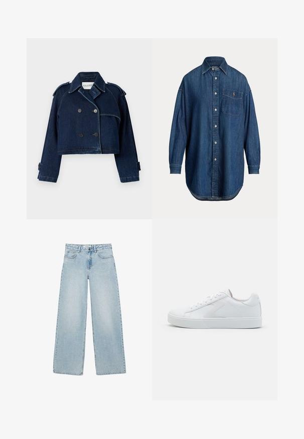 CLOSED CROPPED TRENCH - Spijkerjas - dark blue; Blauw denim overhemd met lange mouwen, knopenrij, borstzak met klein geborduurd logo en klassieke kraag.; Lichtblauwe wijde jeans met voor- en achterzakken, knoop- en ritssluiting, en subtiele strass-steentjes als versiering.; Witte sneakers met een soepel leren bovenwerk, ronde neus, vetersluiting en een textured rubberen zool. Heeft een subtiel logo detail op de hak.