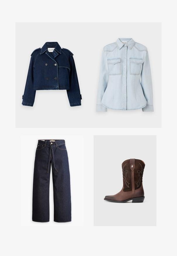 CLOSED CROPPED TRENCH - Cowboyjakker - dark blue; Lyseblå denimskjorte med tætsiddende design, spids krave, to brystlommer og kontraststing. Har knaplukning og lange ærmer.; Bredde ben mørkeblå denim jeans med høj talje, der har snoretræk, fem lommer og kontrastsyet detaljer.; Brun lædercowboystøvle med en tekstureret overdel i ruskind, detaljeret hvid syning, spids tå og en lav blokhæl.