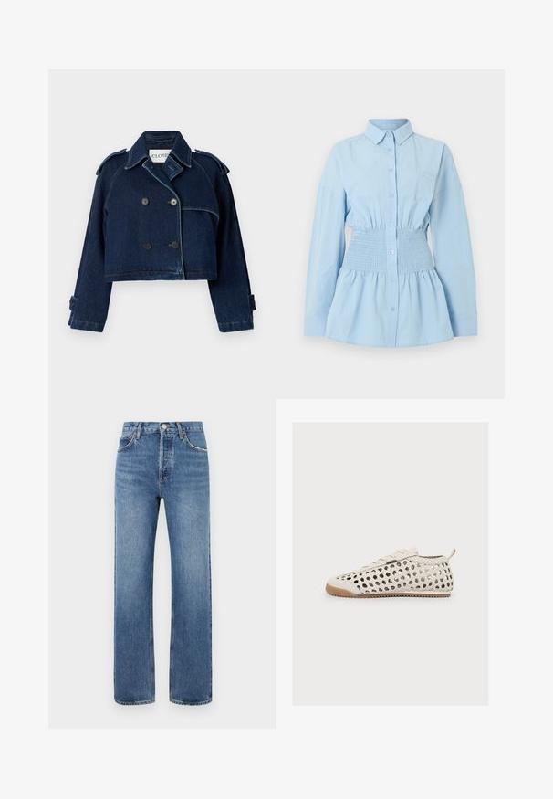 CLOSED CROPPED TRENCH - Denimová bunda - dark blue; Svetlomodrá blúzka s dlhými rukávmi, zapínanie na gombíky vpredu, elastický zašitý pás a rozšírený golier na jednofarebnom pozadí.; Modré džínsy z denimu s rovnými nohavicami, piatimi vreckami a pútkami na opasok. Tkanina má mierne vyblednutie a jemné akcenty šitia.; Biele pletené kožené tenisky s béžovou gumovou podrážkou, bočným zipsom a pútkom na päte, zobrazené v profile na bielom pozadí.