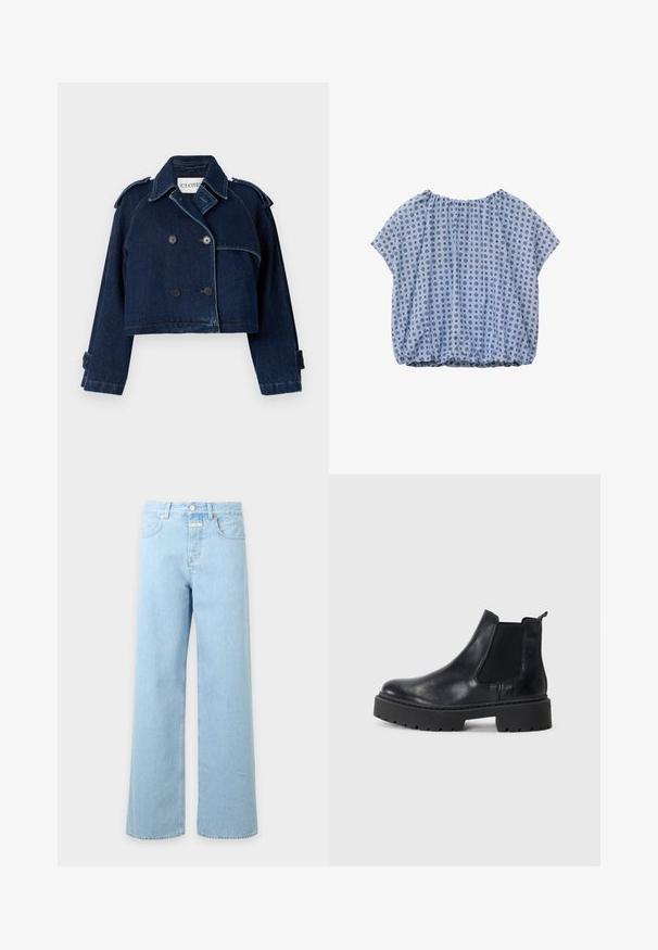 CLOSED CROPPED TRENCH - Spijkerjas - dark blue; Lichtblauwe kortemouwen blouse met geplooide halslijn en zoom, met een klein rond geometrisch patroon in donkerblauw en rood.; Lichtblauwe, high-waist, wijde jeans met vijf zakken en knoop- en ritssluiting, weergegeven tegen een effen witte achtergrond.; Zwarte leren Chelsea-boots met elastische zijkanten en een dikke rubberen zool. Gladde textuur met een ronde neus en een bevestigingslus aan de achterkant.