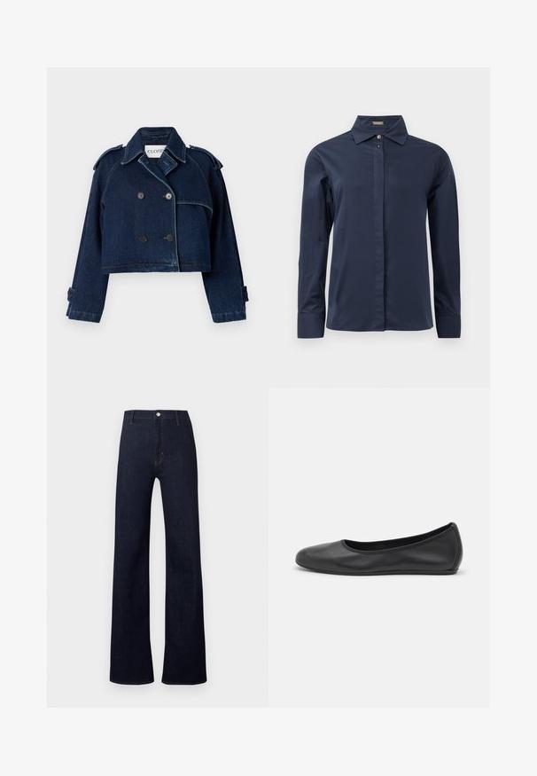 CLOSED CROPPED TRENCH - Veste en jean - dark blue; Chemise boutonnée à manches longues bleu marine, en tissu léger et lisse. Équipée d'un col classique et d'une patte de boutonnage discrète.; Pantalon en jean bleu foncé avec une taille haute, une coupe ample à jambes larges, et un style classique à cinq poches. Il présente des détails en bronze et des coutures discrètes.; Ballerines en cuir noir avec un bout rond, texture lisse, détails de couture minimalistes et design de semelle flexible.