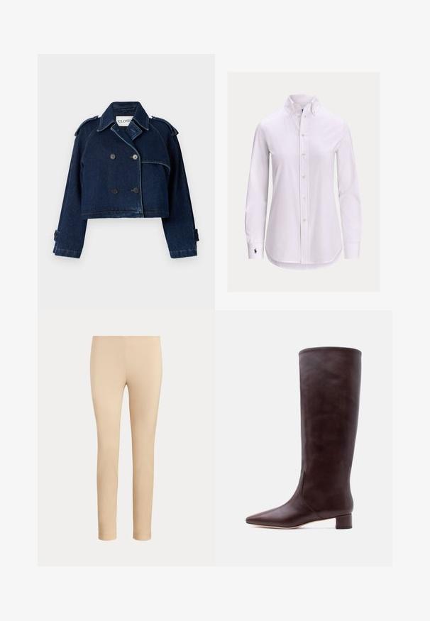 CLOSED CROPPED TRENCH - Jeansjacke - dark blue; Weißes langärmliges Hemd mit Knopfleiste, geknöpftem Kragen und kleinem gesticktem Logo auf der linken Manschette.; Beige, figurbetonte, knöchellange Hose mit glatter Oberfläche und ohne sichtbare Taschen oder Verzierungen auf einfarbigem Hintergrund.; Hoher brauner Lederstiefel mit spitzer Schuhspitze und niedrigem Blockabsatz, der auf einem schlichten hellen Hintergrund aufrecht steht.