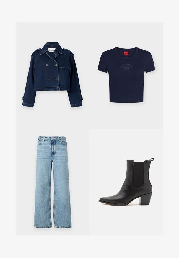 CLOSED CROPPED TRENCH - Cowboyjakker - dark blue; Marineblå cropped T-shirt med korte ærmer, rund hals, diskret broderet logo i midten og rød brandmærke indeni kraven.; Lyseblå wide-leg jeans lavet af denim, med høj talje, fem-lomme design og kontraststing langs sømmene.; Dolce Vita SHADIE - Støvletter - black
