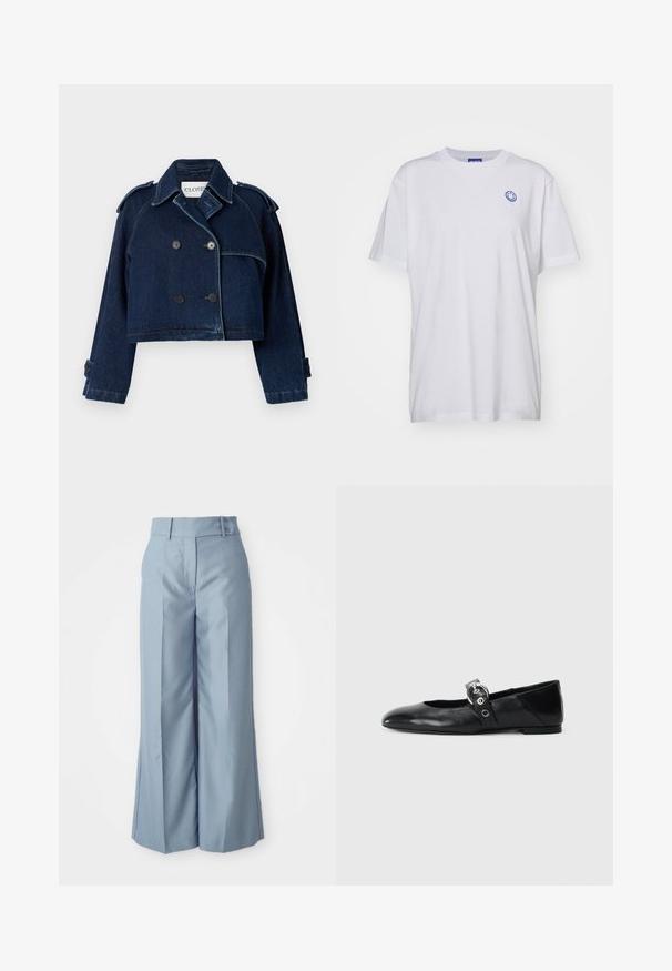 CLOSED CROPPED TRENCH - Cowboyjakker - dark blue; Hvid bomulds t-shirt med korte ærmer, rund halsudskæring og blåt smilende ansigt logo på venstre bryst. Enkelt stof uden mønstre.; Lyseblå vidde bukser lavet af glat stof med høj talje, to forreste knapper og pressefure for et skræddersyet look.; Sorte læder balletflade med spids tå, udstyret med en rem med en cirkulær metallisk spænde og en flad sål.