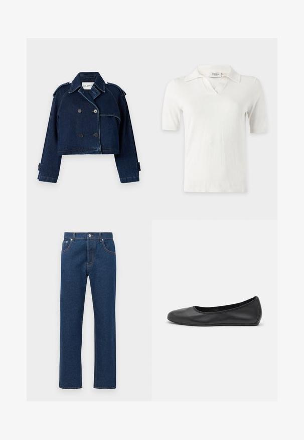 CLOSED CROPPED TRENCH - Denimová bunda - dark blue; Biely pletený top s krátkym rukávom, golierom a V-krivkou na výstrihu, zobrazený na jednofarebnom pozadí.; Rovné tmavomodré riflové nohavice so zadnými a prednými vreckami, pútkami na opasok, gombíkovým zapínaním a viditeľnými oranžovými švami.; Čierne kožené baleríny s okrúhlou špičkou, hladkým povrchom, minimálnym prešívaním a flexibilným dizajnom podrážky.