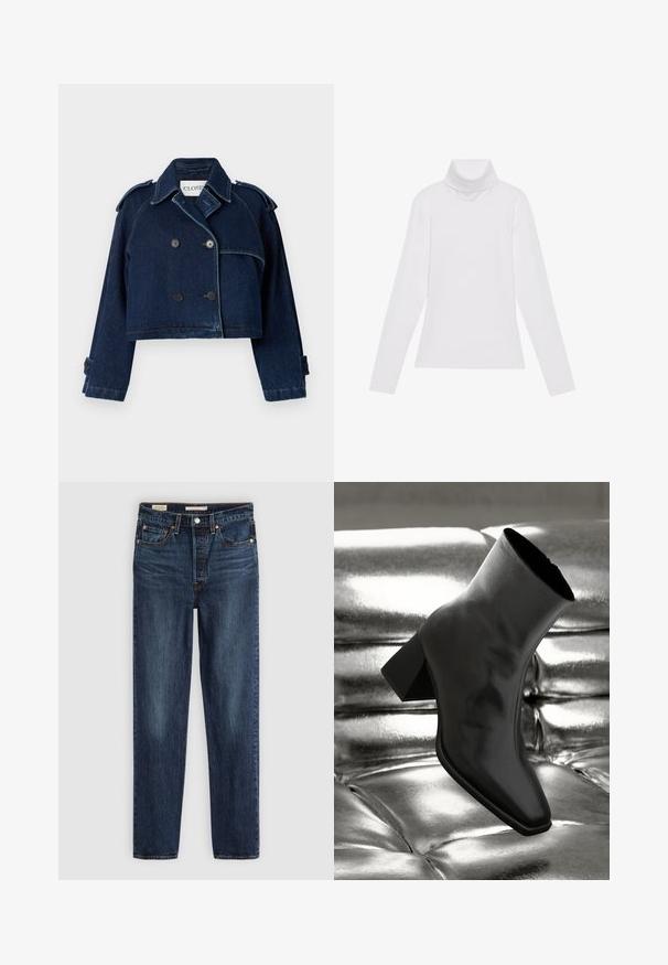 CLOSED CROPPED TRENCH - Jeansjacke - dark blue; Weißes Langarm-Turtleneck-Oberteil aus glattem, elastischem Stoff. Mit hohem Kragen und tailliertem Schnitt, ohne sichtbare Muster oder Verzierungen.; Dunkelblaue gerade geschnittene Jeans mit fünf Taschen, Knopf- und Reißverschluss und kontrastierenden Nähten.; Schwarzer Knöchelstiefel aus glänzendem Material mit quadratischer Zehenform und verjüngtem Absatz, vor einem glänzenden silbernen gepolsterten Hintergrund.