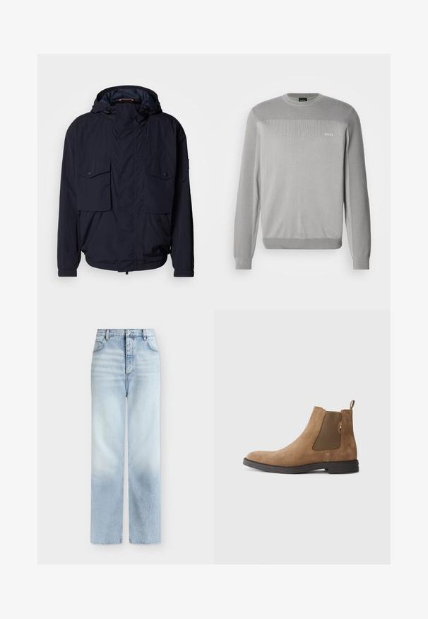 Marineblå letvægtsjakke med hætte, to klaplommer og elastiske manchetter. Fremstillet af blødt, struktureret stof med en afslappet pasform.; Grå strikket sweater med lange ærmer, rund hals, ribstrikkede manchetter og kant. Har subtil teksturvariation og BOSS-logo på brystet.; Lyseblå, højtaljede jeans med rette ben, forlommer, bæltestropper og knaplukning.; Brune ruskinds Chelsea-støvle med elastiske sidepaneler og en hulsløjfe. Har en rund tå og en flad gummisål for stabilitet.