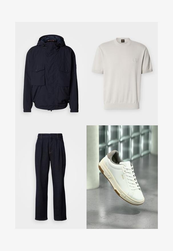 Marineblaue leichte Jacke mit Kapuze, zwei Klapptaschen und elastischen Bündchen. Hergestellt aus weichem, strukturiertem Stoff mit lässiger Passform.; Kurzärmeliger beiger Pullover mit Rundhalsausschnitt, geripptem Saum und Bündchen, kleinem quadratischem Detail auf der linken Brust und gebrandetem Nackenlabel.; Dunkelblaue weit geschnittene Jeans mit vorderen Falten und orangen Nähten, auf weißem Hintergrund gezeigt.; Weißer Sneaker mit beigen Akzenten, Gummisohle und Schnürsenkeln, mit der Marke "HUGO", platzierter über einem polierten Betonboden in der Nähe von Glasbausteinen.