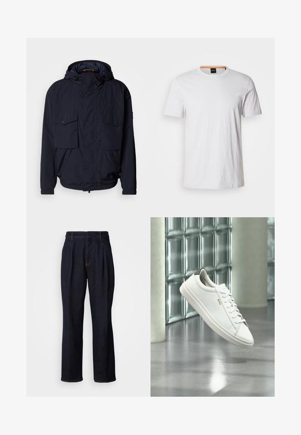 Marineblå letvægtsjakke med hætte, to klaplommer og elastiske manchetter. Fremstillet af blødt, struktureret stof med en afslappet pasform.; Hvid kortærmet t-shirt lavet af blødt bomuld, med rund halsudskæring og subtil logo-detalje i matchende hvid på fronten.; Mørkeblå vidde denim jeans med frontfældninger og orange syninger, vist på hvid baggrund.; Hvid læder lav-top sneaker med snørebånd, sort hælflig og "BOSS"-logo, svævende indendørs nær glasblok væg og poleret gulv.