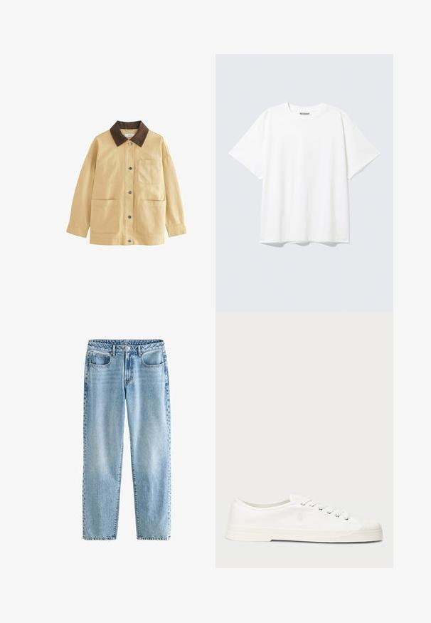 Chaqueta de algodón beige con un cuello de pana marrón, botones de presión y dos bolsillos frontales. Tiene un corte relajado y mangas largas.; Camiseta blanca de manga corta con cuello redondo y un ajuste holgado, con una etiqueta "WEEKDAY" en la parte interior trasera del cuello.; Jeans de mezclilla de color azul claro con un corte relajado. Presenta cuatro bolsillos, un cierre de botón clásico y un desvanecimiento mínimo para una textura uniforme.; Zapatilla de lona blanca con puntera redonda, cierre de cordones y un discreto detalle de logo. Presenta una tela texturizada y suela de goma.