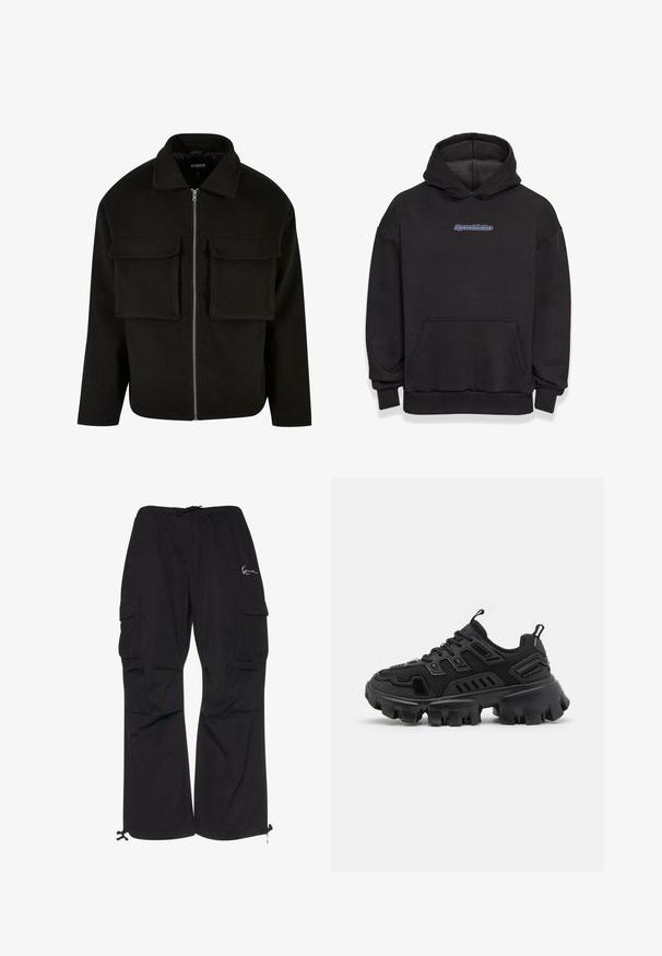 Sort lynlåsjakke lavet af tekstureret stof med krave, featuring to forreste lommeposer og en lige pasform.; Sort hætte sweatshirt lavet af en blanding af bomuldsstof. Har en frontlomme og et logo i blå og rød. Ribbekanter ved håndleddene og kanten.; Sorte cargobukser lavet af letvægtsstof, med elastisk talje med snøre, sidelommer og justerbare manchetter.; Sort sportsko med tekstureret gummisål, lagdelte designelementer og forstærkede detaljer. Har snørebånd og en trækflig ved hælen.