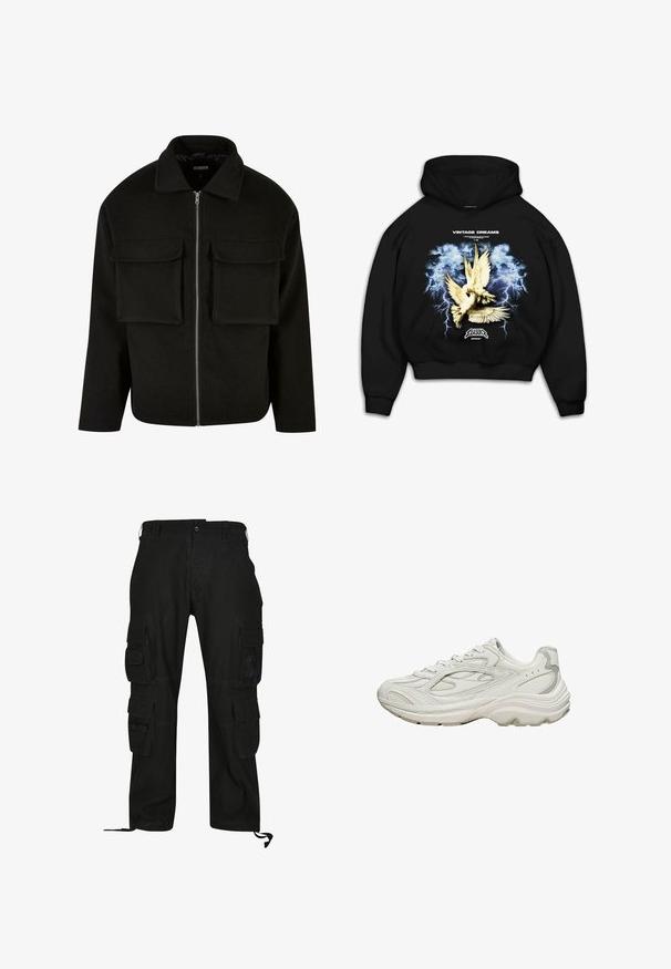 Schwarze Zip-Jacke aus strukturiertem Stoff mit Kragen, ausgestattet mit zwei aufgesetzten Taschen vorne und geradem Schnitt.; Schwarzer Kapuzenpullover mit einem grafischen Druck von Tauben vor einem stürmischen blauen Hintergrund mit Blitz. Der Text lautet "VINTAGE DREAMS."; Schwarze Cargo-Hosen aus strapazierfähigem Material, mit mehreren Seitentaschen, lässiger Passform und verstellbaren Fußgelenkriemen.; Weißer Sneaker mit strukturiertem Obermaterial und klobiger Sohle. Merkmale sind geschwungene Linien, dezente graue Akzente und ein Schnürdesign.