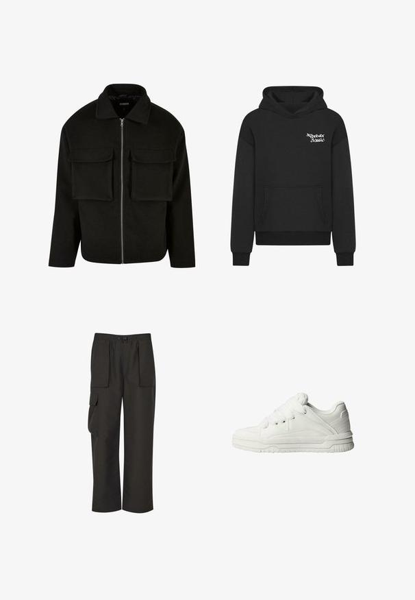Sort lynlåsjakke lavet af tekstureret stof med krave, featuring to forreste lommeposer og en lige pasform.; Sort hætte sweatshirt med en frontlomme, der har et hvidt "Forever Classic" logo på brystet. Lavet af blødt, tekstureret stof.; Urban Classics TECHNICAL - Cargobukser - black; Hvide sneakers med en glat læderoverflade, polstret tunge, flade snørebånd og strukturerede detaljer på siderne og hælen.