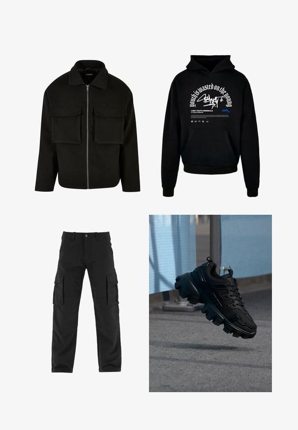 Chaqueta negra con cremallera hecha de tejido texturizado, con cuello, que presenta dos bolsillos de parche en la parte delantera y un corte recto.; Sudadera con capucha negra y bolsillo delantero. Presenta texto en negrita blanca y diseño gráfico. Fabricada con un tejido suave, con puños y terminación de dobladillo acanalados.; Pantalones cargo negros hechos de una tela duradera, que cuentan con múltiples bolsillos laterales, un corte regular y un diseño de pierna recta.; Zapatilla negra y gruesa con suela de taco grueso flotando sobre un pavimento gris, con un fondo desenfocado azul claro y gris.