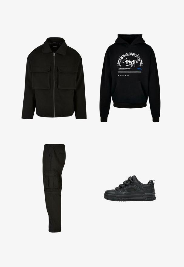 Sort lynlåsjakke lavet af tekstureret stof med krave, featuring to forreste lommeposer og en lige pasform.; Sort hættetræner med frontlomme. Har hvidt fed skrift og grafisk design. Lavet af blødt stof med ribbede manchetter og kant.; Sorte cargo bukser med afslappet pasform, elastisk talje, sidelommer og en stor cargo lomme på låret. Blødt, letvægtsstof.; Sort lavtop sneaker med tyk sål, polstret krave, mesh paneler og chunky snørebånd vist mod en hvid baggrund.