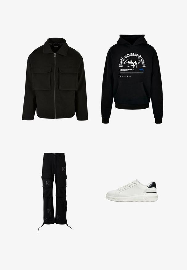 Veste zippée noire en tissu texturé avec col, dotée de deux poches avant à rabat et d'une coupe droite.; Sweatshirt à capuche noir avec poche avant. Présente un texte en gras blanc et un design graphique. Fabriqué en tissu doux, avec des poignets côtelés et une finition en ourlet.; Pantalon cargo noir avec plusieurs poches et détails brodés en forme de lettre K foncée sur les jambes et cordons aux poignets.; Basket basses blanches avec lacets à l’avant et détail noir au talon sur une semelle épaisse, vues de côté sur fond blanc.