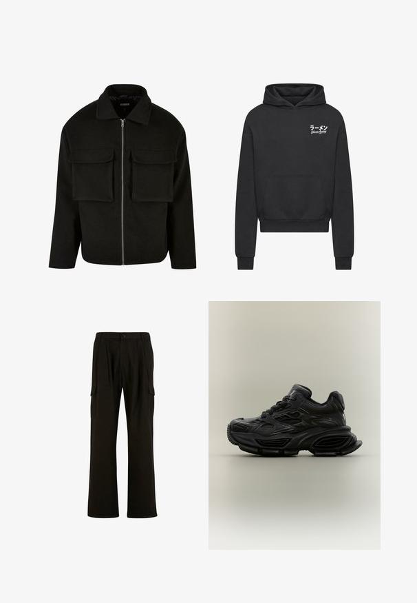 Chaqueta negra con cremallera hecha de tejido texturizado, con cuello, que presenta dos bolsillos de parche en la parte delantera y un corte recto.; Sudadera negra confeccionada en un tejido suave. Cuenta con un bolsillo tipo canguro, puños acanalados y un gráfico en texto blanco que dice "Slurp Away" en japonés.; Urban Classics WIDE - Pantalones cargo - black; Zapatilla deportiva negra y gruesa con diseño texturizado, suela gruesa y cierre de cordones mostrada sobre un fondo neutro y sencillo.