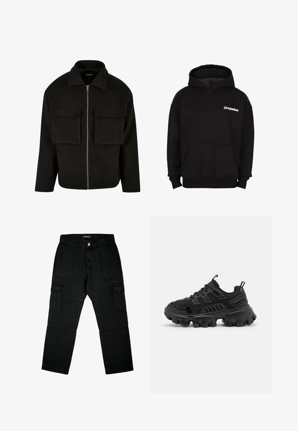 Schwarze Zip-Jacke aus strukturiertem Stoff mit Kragen, ausgestattet mit zwei aufgesetzten Taschen vorne und geradem Schnitt.; Schwarzer Kapuzenpullover mit Fronttasche und weißem "Dropsize"-Logo auf der linken Brust.; Schwarze Cargo-Hosen aus Denim, ausgestattet mit mehreren Taschen, einem geraden Schnitt und strukturiertem Stoff mit sichtbaren Nähdetails.; Schwarzer Sportschuh mit strukturiertem Gummisohle, gestuften Designelementen und verstärkten Akzenten. Verfügt über Schnürsenkel und eine Schlaufe an der Ferse.