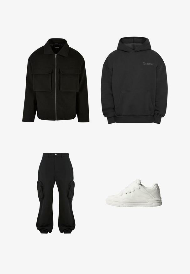 Schwarze Zip-Jacke aus strukturiertem Stoff mit Kragen, ausgestattet mit zwei aufgesetzten Taschen vorne und geradem Schnitt.; Dropsize HEAVY BROKEN DREAMS - Kapuzenpullover - washed black; Schwarze Cargo-Hosen mit lockerer Passform, ausgestattet mit zwei seitlichen Cargo-Taschen, elastischen Bündchen an den Knöcheln und einem Knopfverschluss auf der Taille.; Weiße Sneaker mit glattem Lederobermaterial, gepolstertem Zungenbereich, flachen Schnürsenkeln und strukturierten Akzenten an den Seiten und der Ferse.
