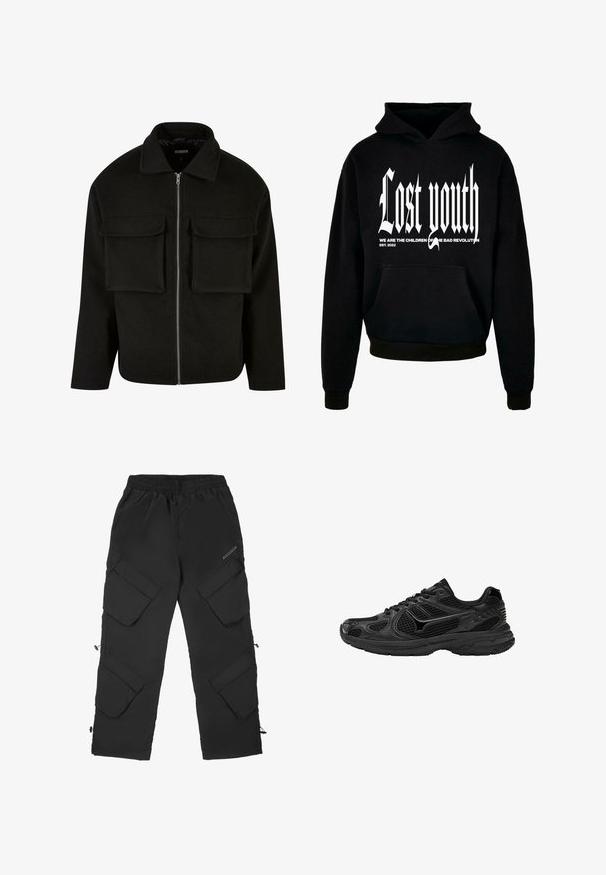 Schwarze Zip-Jacke aus strukturiertem Stoff mit Kragen, ausgestattet mit zwei aufgesetzten Taschen vorne und geradem Schnitt.; Schwarzer Kapuzenpullover mit vorderer Tasche. Mit auffälligem weißen Text: "Verlorene Jugend" und einem kleineren Slogan. Hergestellt aus weichem Stoff mit gerippten Bündchen.; Schwarze Cargo-Hosen aus leichtem, strukturiertem Material. Verfügen über einen elastischen Bund, mehrere große Taschen und verstellbare Bündchen.; Schwarze Sportschuhe mit einem Mesh-Obermaterial, Gummisohle und einem mehrschichtigen Design mit glänzenden Akzenten und strukturierten Details.