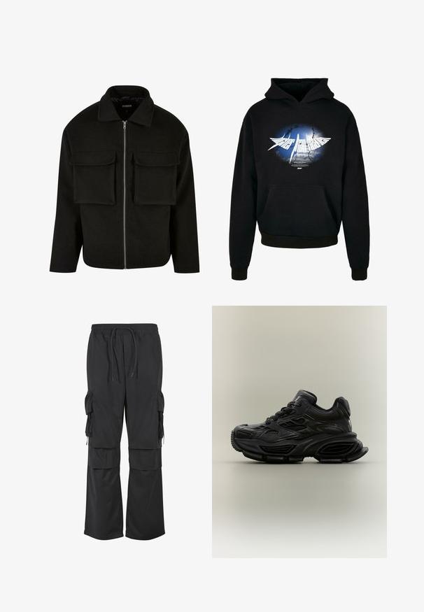 Schwarze Zip-Jacke aus strukturiertem Stoff mit Kragen, ausgestattet mit zwei aufgesetzten Taschen vorne und geradem Schnitt.; Schwarzer Hoodie mit einem zentralen weißen Grafikdesign, das einen blauen und grauen Burst-Effekt zeigt, sowie dem Text "Higher than Heaven" in stilisierter Schrift. Mit Fronttasche.; Schwarze weite Cargo-Hosen mit elastischem Bund, Kordelzug und mehreren Klappentaschen an den Oberschenkeln und Unterschenkeln.; Schwarzer klobiger Sneaker mit strukturiertem Design, dicker Sohle und Schnürverschluss vor schlichtem neutralem Hintergrund.