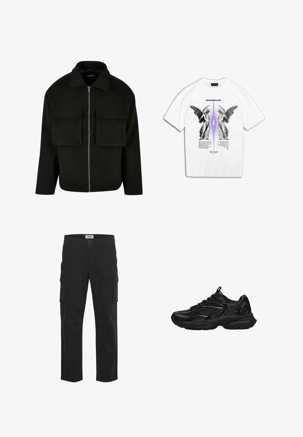 Sort lynlåsjakke lavet af tekstureret stof med krave, featuring to forreste lommeposer og en lige pasform.; Hvid bomulds t-shirt med en grafisk tryk af engleagtige figurer, sort tekst og et lilla gradientdesign. Teksten inkluderer filosofiske citater.; Sorte cargo-bukser lavet af en bomuldsblanding, med sidelommer, knaplukning, lige ben og en glat tekstur.; Sort atletiksko med mesh og syntetisk overdel, tyk polstret sål og snørebånd, vist fra siden på hvid baggrund.