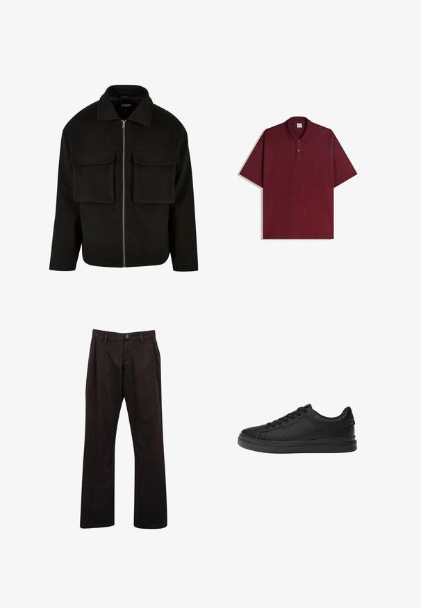 Sort lynlåsjakke lavet af tekstureret stof med krave, featuring to forreste lommeposer og en lige pasform.; Bordeauxrød poloshirt med korte ærmer, krave og to-knaps lukning, lagt fladt på en hvid baggrund.; Sorte bomuldsbukser med lige ben design, der har knaplukning og standardlommer. Minimalistisk stil uden synlige mønstre.; Sort læder sneaker med rund tå, snørebåndsdesign, perforerede detaljer på siden og en tekstureret gummisål.