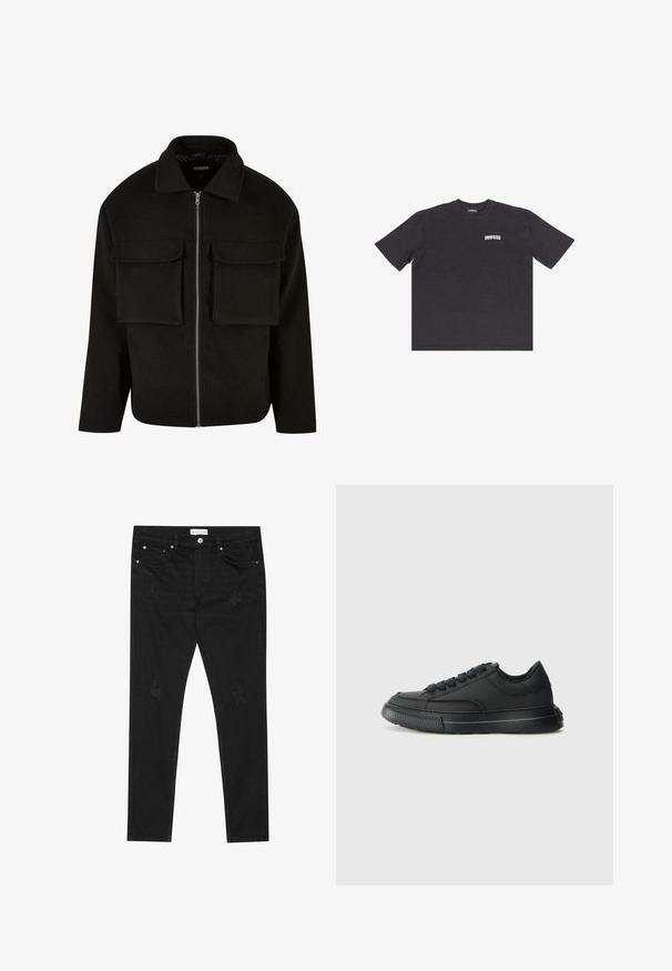 Sort lynlåsjakke lavet af tekstureret stof med krave, featuring to forreste lommeposer og en lige pasform.; Sort bomulds oversized t-shirt med korte ærmer, rund halsudskæring og hvid "DROPSIZE" tekst på forsiden. Glat tekstur, afslappet design.; Sorte slim-fit jeans med subtile slidte pletter, metalknap, forlommer og et Pier One-mærke i taljen.; Sort sneakers lavet af syntetisk materiale med en glat tekstur, rund tå, flade snørebånd, hvid sål og diskrete sømdetaljer.