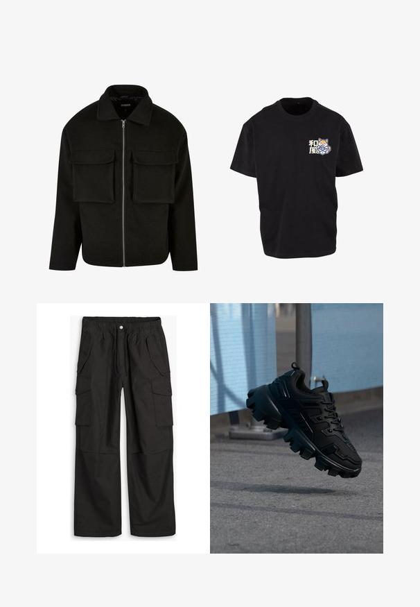 Zwarte zip-up jas van gestructureerde stof met een kraag, voorzien van twee voorzakken en een rechte snit.; Zwarte katoenen t-shirt met een centraal grafisch ontwerp van een vos die een drankje vasthoudt, met lichte Japanse karakters op de linkerkant van de borst.; Zwarte cargo broek met elastische tailleband, knoop- en ritsluiting, en meerdere klepzakken met knopen op de voorkant en zijkanten.; Zwarte chunky sneaker met dikke profielzool die boven een grijze stoep zweeft, tegen een wazige lichtblauwe en grijze achtergrond.
