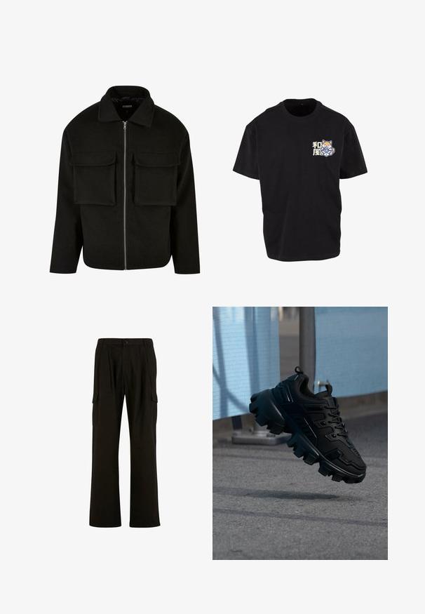 Zwarte zip-up jas van gestructureerde stof met een kraag, voorzien van twee voorzakken en een rechte snit.; Zwarte katoenen t-shirt met een centraal grafisch ontwerp van een vos die een drankje vasthoudt, met lichte Japanse karakters op de linkerkant van de borst.; Urban Classics WIDE - Cargobroek - black; Zwarte chunky sneaker met dikke profielzool die boven een grijze stoep zweeft, tegen een wazige lichtblauwe en grijze achtergrond.
