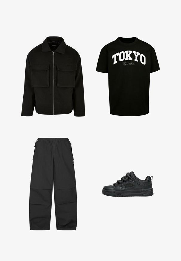 Sort lynlåsjakke lavet af tekstureret stof med krave, featuring to forreste lommeposer og en lige pasform.; Sort bomuld t-shirt med korte ærmer. Har "TOKYO" trykt i store hvide versaler, der buer hen over forsiden, under en mindre tekst.; Sorte bomuldsbukser med elastisk talje, to sidelommer og en afslappet pasform. Har sømme og et minimalistisk design.; Sort lavtop sneaker med tyk sål, polstret krave, mesh paneler og chunky snørebånd vist mod en hvid baggrund.