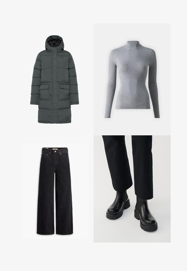 Doudoune gris foncé avec capuche, présentant un design matelassé, deux poches avant et une fermeture éclair. Texture lisse et isolation légère.; Pull en maille à col roulé gris côtelé avec des manches longues. Présente un design ajusté et un col haut pour plus de chaleur.; Jean noir à jambe large en denim, comportant cinq poches, des rivets en laiton et une fermeture à bouton classique. Texture lisse avec un design épuré.; Personne portant des bottines en cuir noir à semelle épaisse, associées à un pantalon noir à jambes droites sur fond blanc.